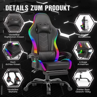 Ігрове крісло Devoko LED з масажем, комп'ютерне крісло з масажною подушкою для попереку, гоночне геймерське крісло ергономічне з р