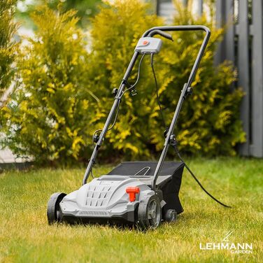Вертикутер та аератор для газону LEHMANN 2-в-1, 1500 Вт, ширина захвату 32 см, 4 рівні глибини обробки, з травозбірником 30 л, кулькопідшипникові ножі та аераційна валки, сірий колір