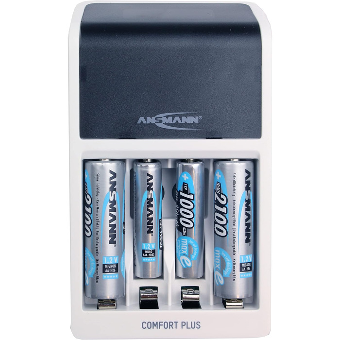 Зарядний пристрій ANSMANN Comfort Plus для акумуляторів типу AA, AAA та 9V з 3-контактним штекером для Великої Британії, швидка зарядка та швидке тестування ємності