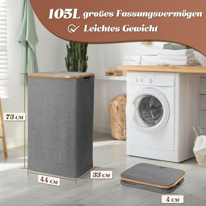 Кошик для білизни з кришкою 105 л кошик для білизни складаний з тканини Оксфорд 600D зі знімним мішком для білизни бамбуковий ящик