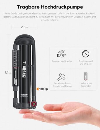 Велосипедний насос Tiakia з манометром, маленький велосипедний насос для всіх типів вентилів, алюмінієвий міні-насос для підлоги, портативний насос для шин для вентилів Schrader та Presta, для шосейних та гірських велосипедів, 220 PSI/15 BAR