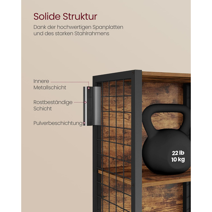 Книжкова полиця VASAGLE, офісна полиця, кухонна полиця, окремостояча полиця з 6 полицями, 4 S-подібними гачками, 30 x 40 x 175,6 см, для офісу, вітальні, кабінету, вінтажний коричнево-чорний колір LLS170K01, 6 рівнів (40Ш см)