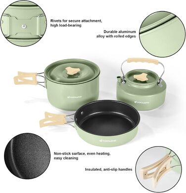 Набір посуду для кемпінгу Odoland з антипригарним покриттям, каструлями та сковорідками з чайником, мірним набором для посуду з нержавіючої сталі, чашками, тарілками, ножами, ложками, виделками для приготування їжі на свіжому повітрі, набір антипригарного