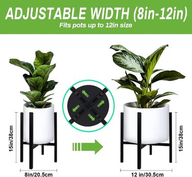 Регульована підставка для рослин для використання в приміщенні та на вулиці, металева підставка для квітів, міцна монтажна рама, підставка для квіткових горщиків з лотками для горщиків різних розмірів, висота 38 см (1 упаковка, чорна)