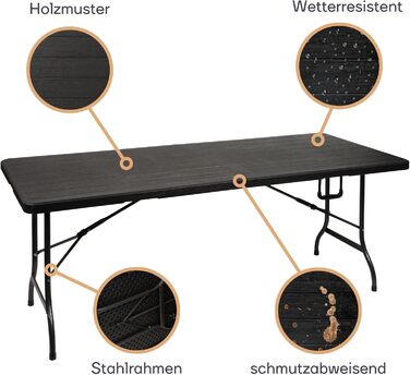 Складаний стіл Perel, фуршетний стіл, кемпінговий стіл, стіл для пікніка, чорний дерев&39яний вигляд, складаний та портативний з ручкою, стільниця з HDPE та сталевий каркас, 180 x 75 x 72 см, для використання в приміщенні та на вулиці