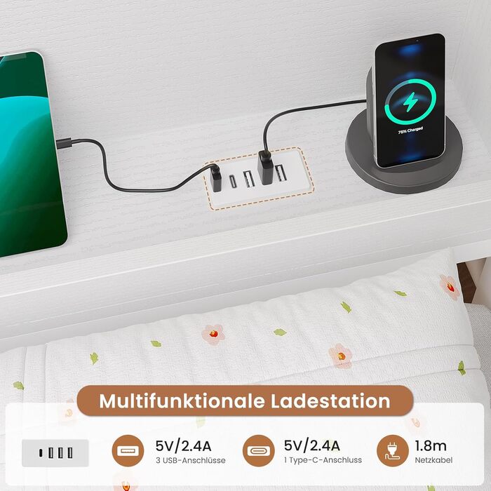 Ліжко AOGLLATI 140x200 з місцем для зберігання, диван-ліжко з вбудованою книжковою полицею та 6 шухлядами, дитяче ліжко зі світлодіодним освітленням та зарядною станцією, гостьове ліжко, кушетка, каркас ліжка з рейковою основою (білий, 140x200 см) 140x200