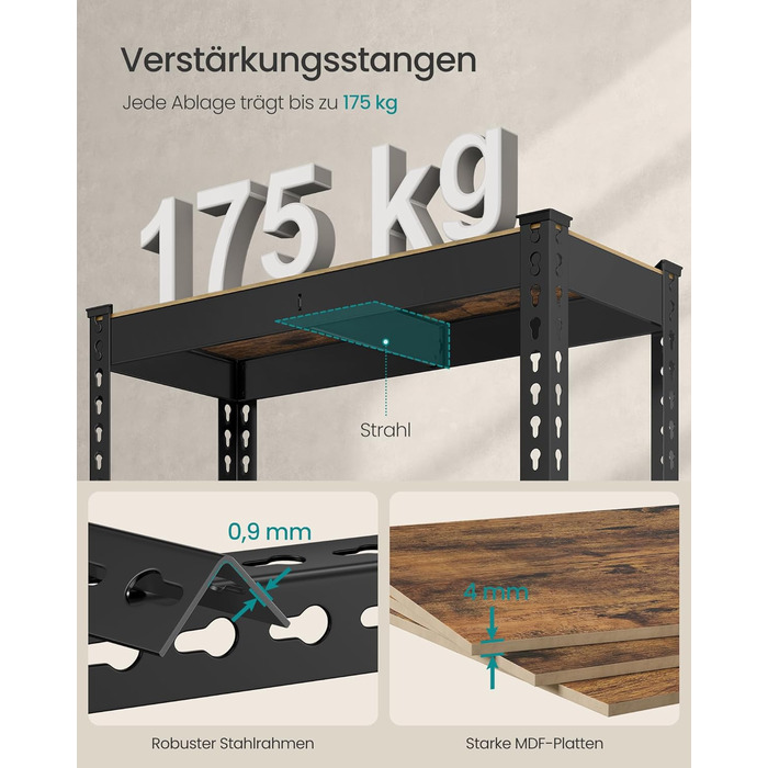 Швидкозбірний надміцний стелаж, окремостоячий стелаж, стелаж для зберігання, кухонний стелаж, 5 полиць, 30 x 75 x 150 см, вантажопідйомність до 875 кг, для підвалу, кухні, кабінету, вінтажно-коричневий GLR300B11