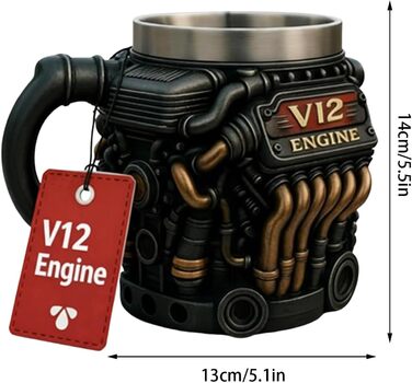 Кавова кружка, 300 мл, V12, нержавіюча сталь, двостінна, реалістичний дизайн, кавова кружка з мотивом двигуна для зими, балкону, двору, використання на вулиці, саду, пікніка, кемпінгу, вечірки, віскі