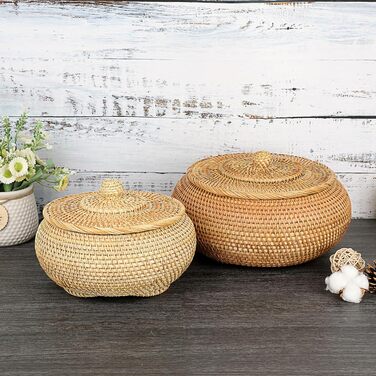 Плетена ротангова скринька для зберігання з кришкою, натуральний кошик для хліба, овочів, фруктів, продуктів, ключів, кабелів, пульта дистанційного керування, окулярів, як кошик для фруктів/перекусів, органайзер для столу, подарунковий, 28*28*16 см