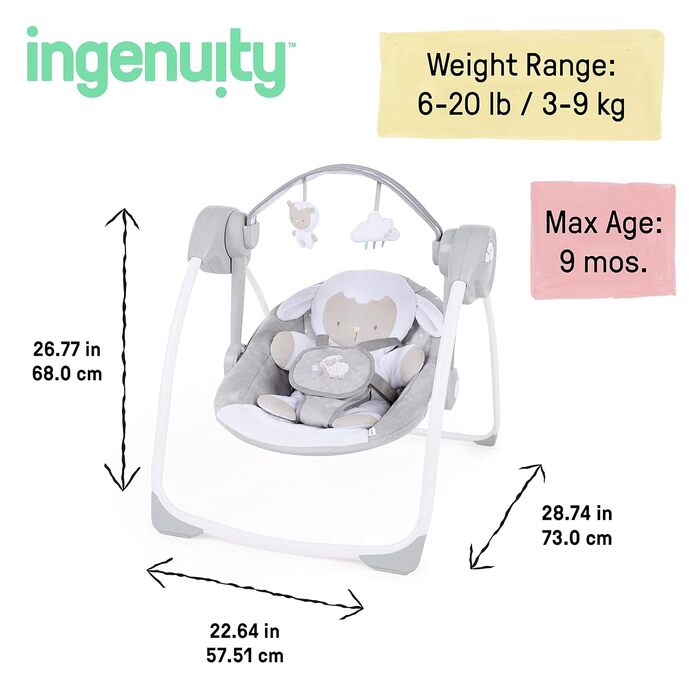 Портативна дитяча гойдалка, Затишне королівство - 6 швидкостей гойдання, 12 заспокійливих мелодій, ігрова арка зі знімними плюшевими іграшками, тканини, які можна прати, від народження до 9 кг (Cuddle Lamb)