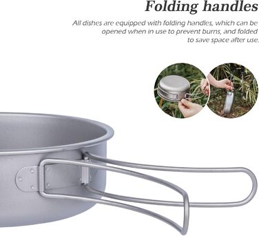 Титановий набір посуду миски, тарілки, кемпінгові горщики, сковорідки зі складними ручками, портативний набір для приготування їжі на відкритому повітрі, легкий посуд Bercher 350 мл 500 мл 600 мл 700 мл 800 мл, горщики, сковорідки, 5 шт. /партія Ti1096T