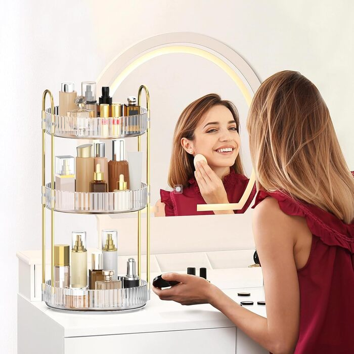 Органайзер для косметики MOKANI, обертовий на 360 органайзер для макіяжу, 3 рівні, багатофункціональна система зберігання косметики та догляду за шкірою для туалетного столика, ванної кімнати, спальні, прозорий