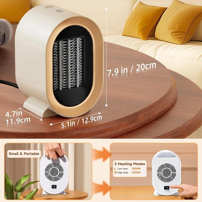 Портативний обігрівач потужністю 1200 Вт, дитячий обігрівач, тихий, 2 режими нагріву, керамічний PTC обігрівач, захист від перегріву та перекидання для тата, офісу, дому, спальні, білий