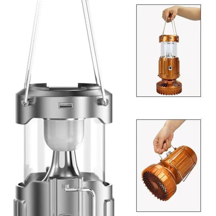 Портативний світлодіодний кемпінговий ліхтар Civicy 5-в-1 з USB-живленням для економії енергії, виготовлений з ABS-пластику, з сонячною батареєю та зарядкою від USB, сріблястий