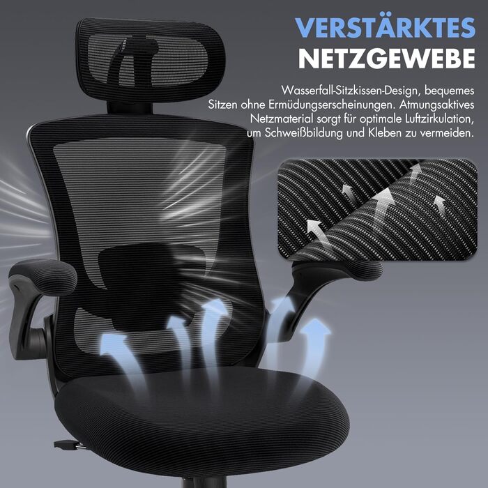 Ергономічне офісне крісло COLAMY, сітчасте робоче крісло з регульованим підголівником, крісло для керівника з поперековою опорою, поворотне крісло з регульованим нахилом та фіксатором, повністю чорний класичний колір