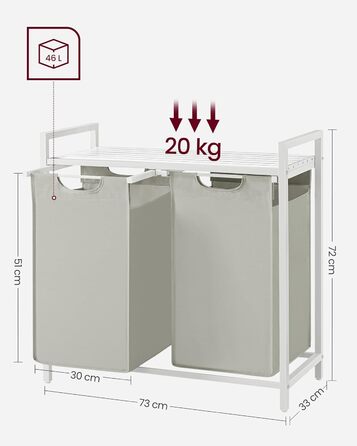 Кошик VASAGLE 2 x 46 л, 73 x 33 x 72 см для білизни з полицею із тканини Oxford з металевою рамою білий