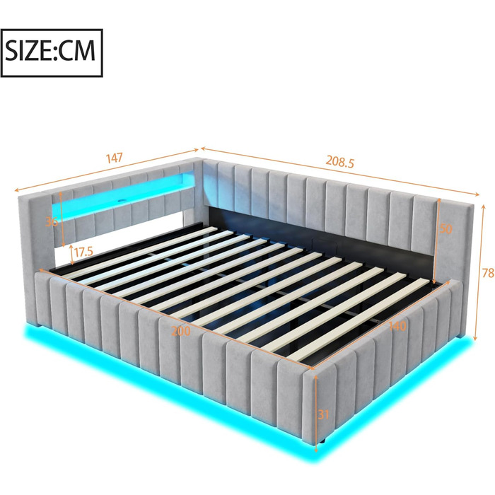 М&39яке ліжко/диван-ліжко 140x200, двоспальне ліжко з гідравлічним відділенням для зберігання, світлодіодним підсвічуванням та функцією заряджання через USB, кушетка/дитяче ліжко з рейковим каркасом, оксамитова тканина, без матраца, світло-сірий 140x200 с