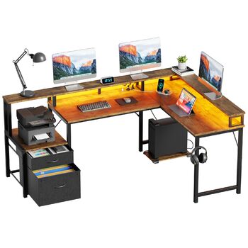Кутовий письмовий стіл YOUDENOVA з шухлядами, L-подібний, 168x100 см, ігровий стіл зі світлодіодним підсвічуванням, комп&39ютерний стіл з розеткою та портом зарядки USB, офісний стіл, коричневий, 168*100*88,5 см, вінтажний коричневий