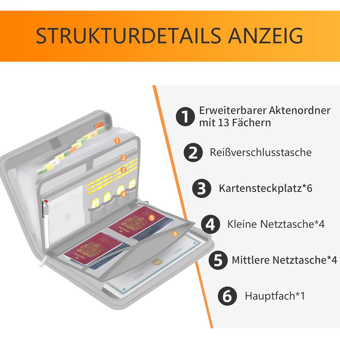 Папка для документів A4 з 13 відділеннями та кількома відділеннями - Вогнетривка сумка для документів із застібкою-блискавкою та етикетками - для файлів формату А4 Закордонний паспорт Чек та інше (L, Прозора гармошка з 13 кишенями, срібло), 4 -