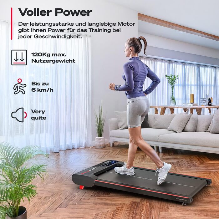 Килимок для ходьби Sportstech - Бігова доріжка для домашнього використання з нахилом до 9 1-6 км/год, включаючи підписку на додаток Домашній офіс, крокомір, легкий та компактний, транспортні колеса WalkMate до 120 кг Walkmate Black