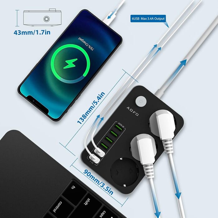 Адаптер розетки з декількома розетками на смужці 3 відділення перемикається з 6 USB (5V / 3.4 A, 17W), перемикається з декількома