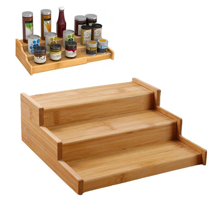 Рівнева бамбукова підставка для спецій, висувний тримач для спецій, практична підставка для спецій, розширювана бамбукова підставка для спецій для кухонних шаф, 3-