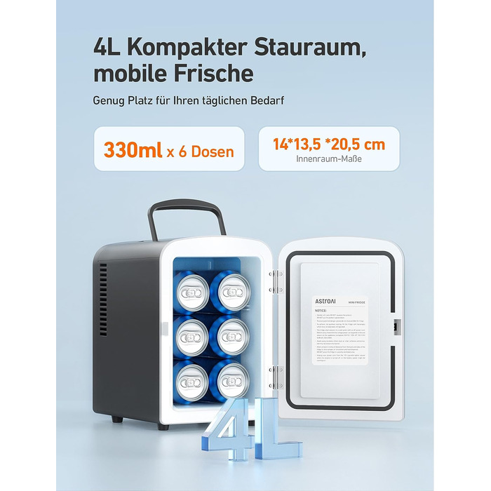 Міні-холодильник AstroAI 4 л, Маленький холодильник для косметики та напоїв, Міні-холодильники на 220В AC/12В DC для авто, офісів,