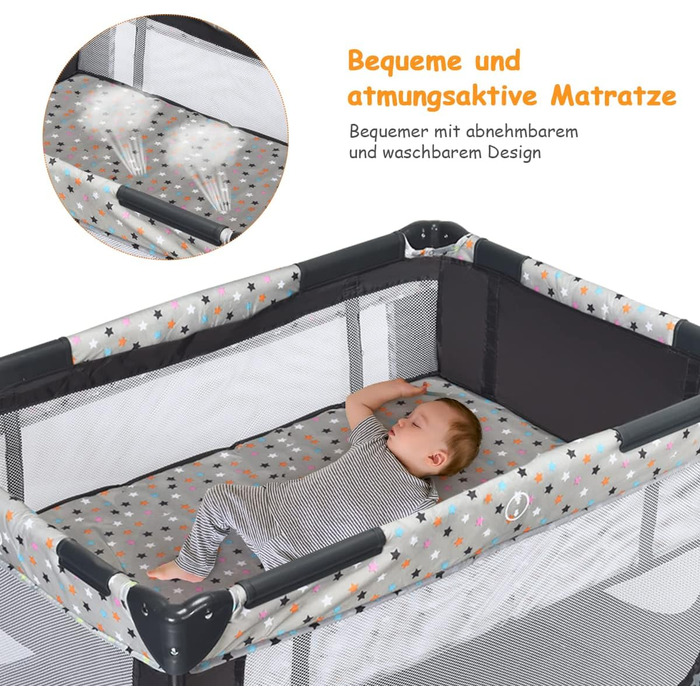 Ліжечко-манеж COSTWAY 2 в 1, складне, 120 x 60 см, 2-рівневе дитяче ліжечко з матрацом та сумкою для перенесення (сіре)