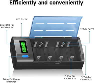 Універсальний зарядний пристрій для акумуляторів типу AA/AAA/SC/C/D/9V Ni-Mh/Ni-CD та 9V Li-ion з функцією розряду та РК-дисплеєм, швидка зарядка