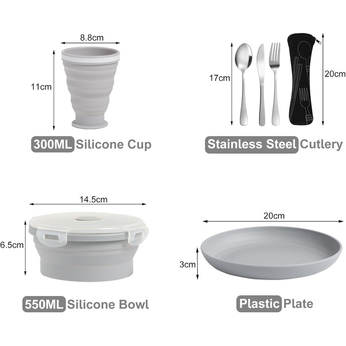 Набір столових приборів для кемпінгу, тарілки, миски, чашки для 2 осіб, складний портативний набір кемпінгових тарілок і мисок, набори кемпінгового посуду для кемпінгу, подорожей та активного відпочинку, сірий, 2 особи