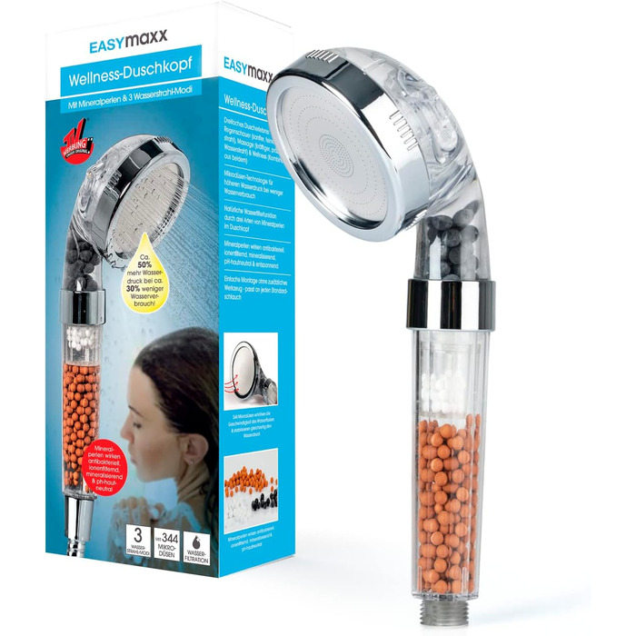 Лійка для душу EASYmaxx Wellness з мінеральними кульками та 3 режимами струменя води Зберігає 30 води за рахунок збільшення напору води приблизно на 50. 344 мікронасадки, функція природного фільтра для води, для всіх зєднань 1/2 дюйма
