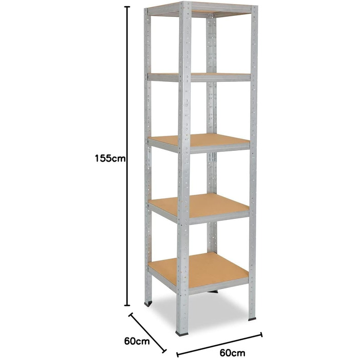 Міцний домашній стелаж, оцинкований/металевий стелаж з 5 полицями/металевий стелаж для підвалу, гаражний стелаж, стелаж для майстерні або стелаж для зберігання/навісний стелаж, металевий, вантажопідйомністю 175 кг, В 155см / Ш 60см / Г 60см, 155x60x60