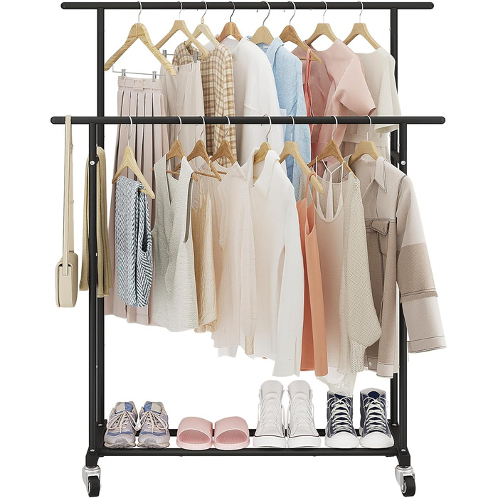 Вішалка для одягу Calmootey з подвійною штангою - на колесах та портативна для спальні, вітальні, магазину одягу - чорна