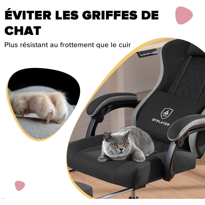 Ергономічне ігрове крісло GTPLAYER з тканинною поверхнею, пружинною подушкою сидіння, з&39єднувальними підлокітниками та підставкою для ніг, 150 кг, чорне велике