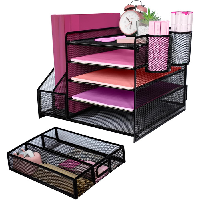 Металевий настільний органайзер, 5-ярусний лоток для паперу та листів з тримачами для файлів, сітчастий настільний органайзер для файлів з тримачем для журналів для зберігання офісних документів (чорний)