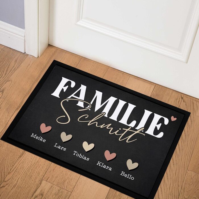 Персоналізований килимок для дверей з іменем родини та дизайном серця, аксесуар для дому, декоративний предмет, нековзний та миється, чорний, 60x40 см, дизайн сімейного серця, чорний
