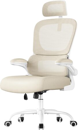 Офісне крісло SONGMICS, стілець для столу, ергономічне сітчасте крісло, з двошаровою сітчастою тканиною, повітропроникне, адаптивна поперекова підтримка, регульований підголівник, для домашнього офісу, пісочно-бежевий OBN041L01 Пісочно-бежевий подвійна сп