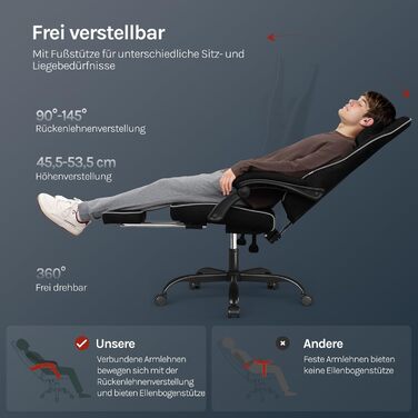 Ігрове крісло WOLTU, тканина зі зручною пружинною подушкою, прохолодне влітку, ергономічне ігрове крісло високої вантажопідйомності з підголівником, поперековою подушкою, підставкою для ніг, технічна тканина, чорний колір