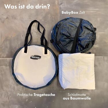 Кемпінгове ліжко Deryan BabyBox - легке, компактне та складне - розкладається всього за 2 секунди - 50 захист від ультрафіолету - вогнестійка тканина - в комплекті килимок для сну, москітна сітка та сумка для перенесення - кремовий