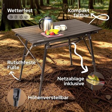 Складаний кемпінговий стіл Arebos 120 x 70 см Складаний стіл з регульованою висотою 58-78 см Аксесуари для кемпінгу, саду, барбекю, пікніка Складаний кемпінговий стіл Дорожній стіл з сумкою для перенесення Чорний