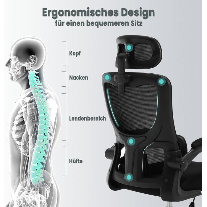 Ергономічне офісне крісло WOLTU, стілець для роботи з функцією гойдання, регульований підголівник, двосторонні підлокітники, поперекова підтримка, робоче крісло для офісу, вантажопідйомність 150 кг, чорний колір