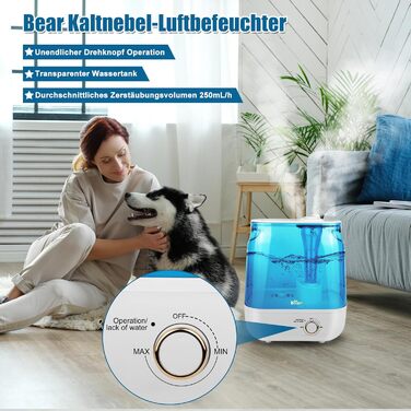 Зволожувач повітря Bear 2023 6 л з двома вихідними насадками, ергономічна ручка для перенесення, з піддоном для ароматерапії, розт
