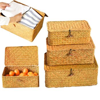 Кошики для зберігання речей, комплект кошиків з ротанга з 3 предметів з кришками, плетені кошики для подарунків, багатофункціональні кошики з морської трави, органайзери для косметики для ванної кімнати, вітальні, кухні