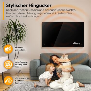 Електричний скляний конвекторний обігрівач TRESKO 2000 Вт Електричний скляний обігрівач Конвекторний обігрівач-радіатор Електричний радіатор, окремостоячий або настінний обігрівач, чорний / 2000 Вт