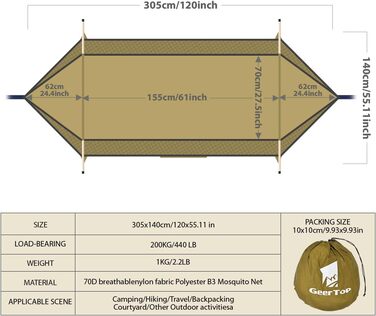 Оновлений гамак для вулиці 3-в-1 з москітною сіткою та сонцезахисним навісом, надлегкий кемпінговий гамак з вантажопідйомністю 200 кг для використання на свіжому повітрі, кемпінгу, походів, зелений
