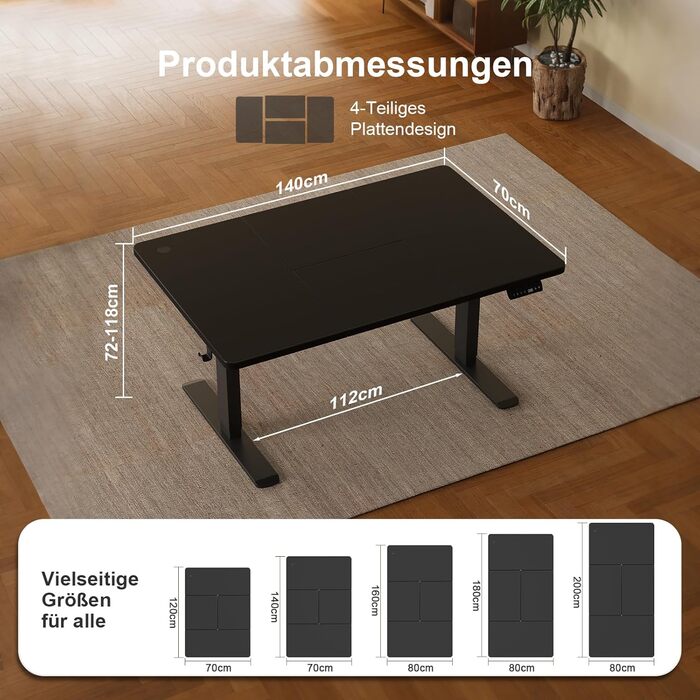 Стіл з регульованою висотою 140 x 70 см з кабельним лотком, Електрично регульований по висоті стіл для роботи стоячи з USB-портом, Комп&39ютерний стіл, Ергономічний стіл для роботи сидячи та стоячи, Офісний стіл, Чорний 140 x 70 см