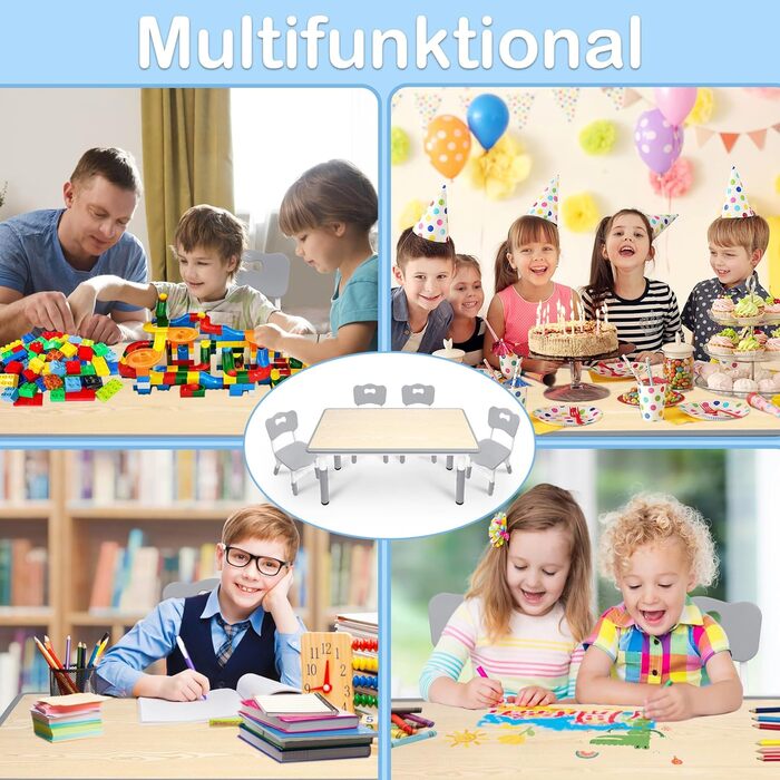 Дитячий стіл 120x60 см з 4 стільцями, комплект дитячих сидінь з регульованою висотою для дітей віком 2-10 років, дерев&39яний дитячий стіл та стільці, ідеально підходить для дитячого садка, класу та дому, сірий