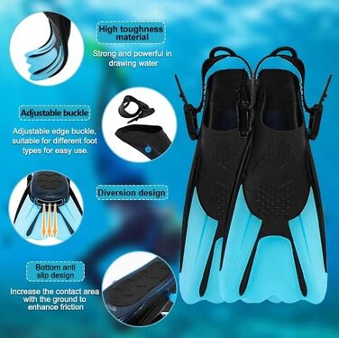Ласти для снорклінгу, регульовані ласти для дайвінгу, короткі з сумкою для перенесення, ласти для плавання для дітей та дорослих, розмір 34-38, легкі дорожні ласти для плавання та снорклінгу, сині, S