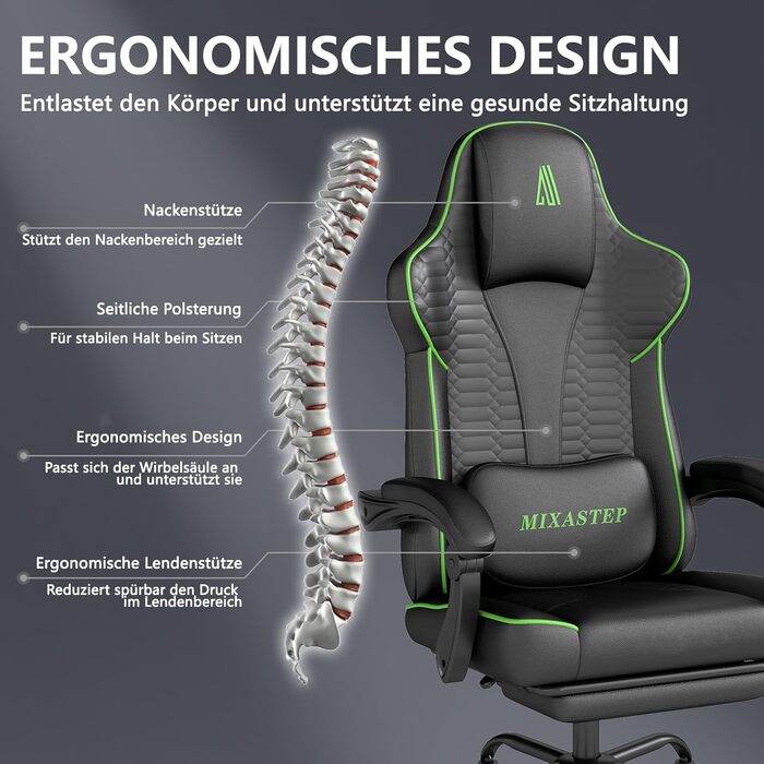 Ергономічне ігрове крісло, офісне крісло з підставкою для ніг, регульоване по висоті та нахилу, надзвичайно широке сидіння (51 см), ергономічна поперекова опора, вантажопідйомність до 150 кг, зелений колір