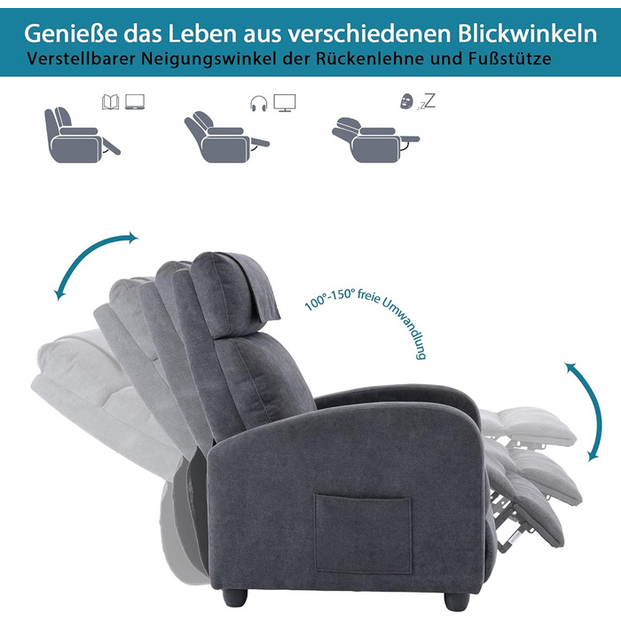 Крісло-реклайнер, крісло під телевізор з функцією відкидання, функція масажу, функція підігріву, масажне крісло з пультом дистанційного керування, тканинний шезлонг, сірий реклайнер з поліестерової суміші